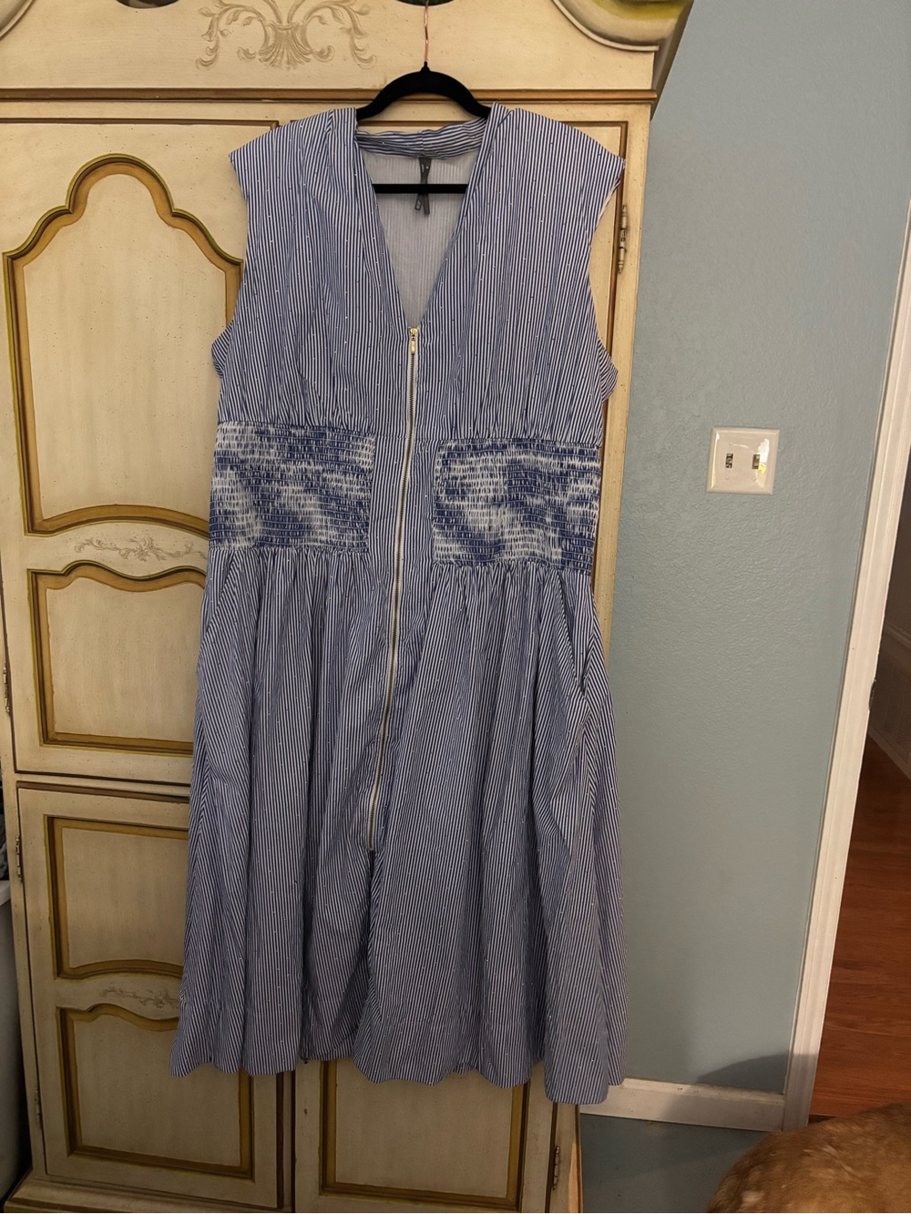 Anthropologie Blue and White Striped Midi Dress with Front Zip